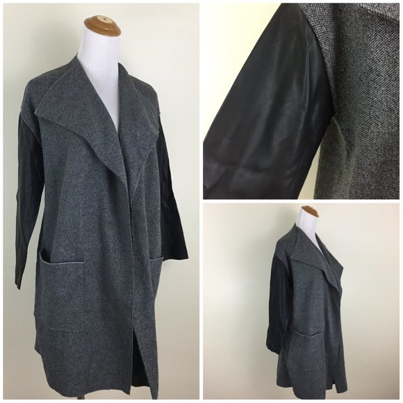 NWT ZARA Gray Black White Specks Knit Faux Leather Sleeve Open Front Jacket